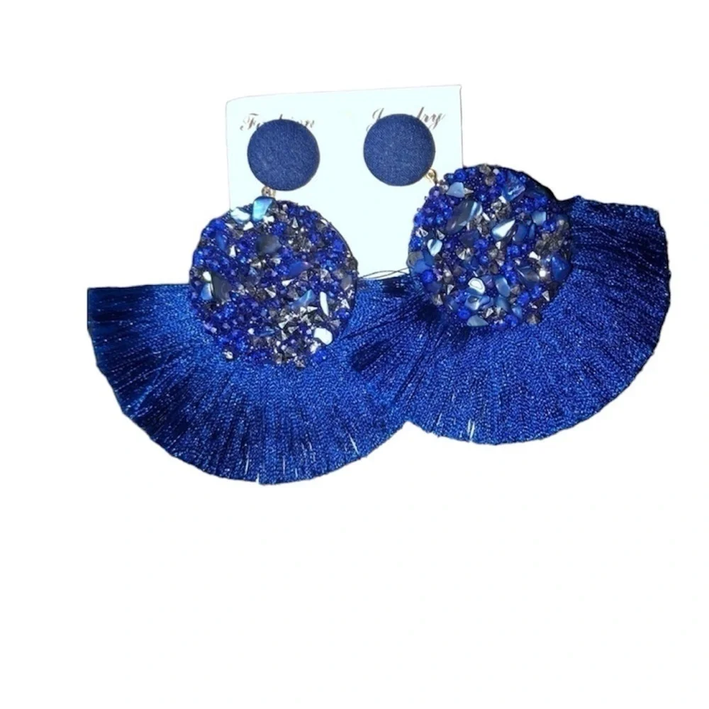 BOHEMIAN Fan Earrings Blue Tassel. NWT